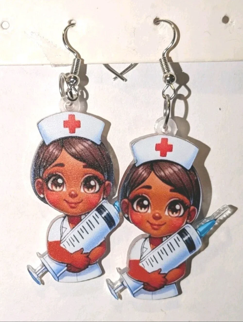 Hand Crafted Cute Nurse Acrylic Dangle Earrings - Brown Skin, White & Red